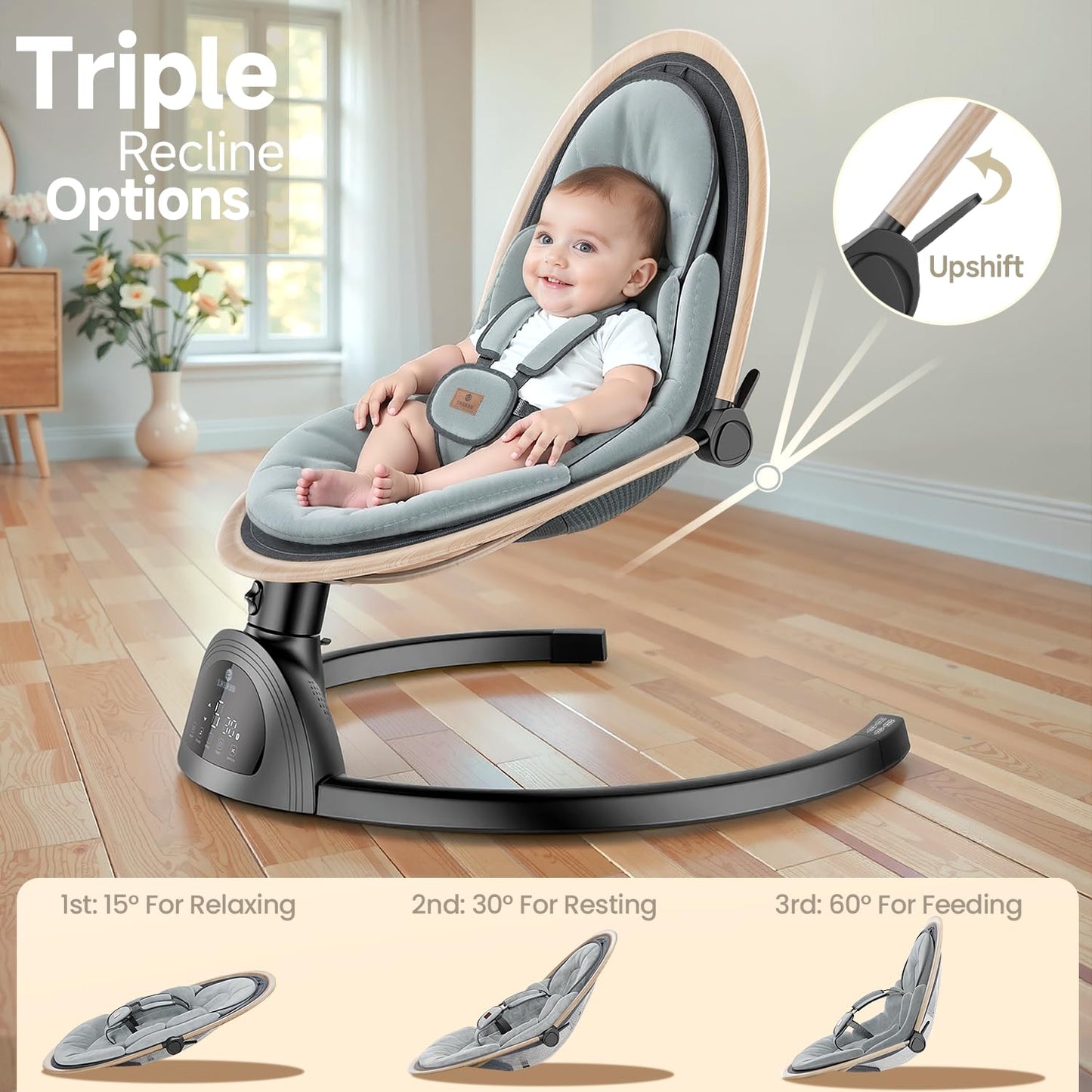 Side profile of LrerBB electric baby swing with 3 seat positions