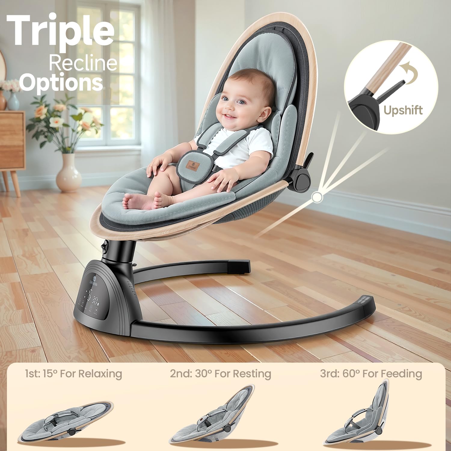 Side profile of LrerBB electric baby swing with 3 seat positions