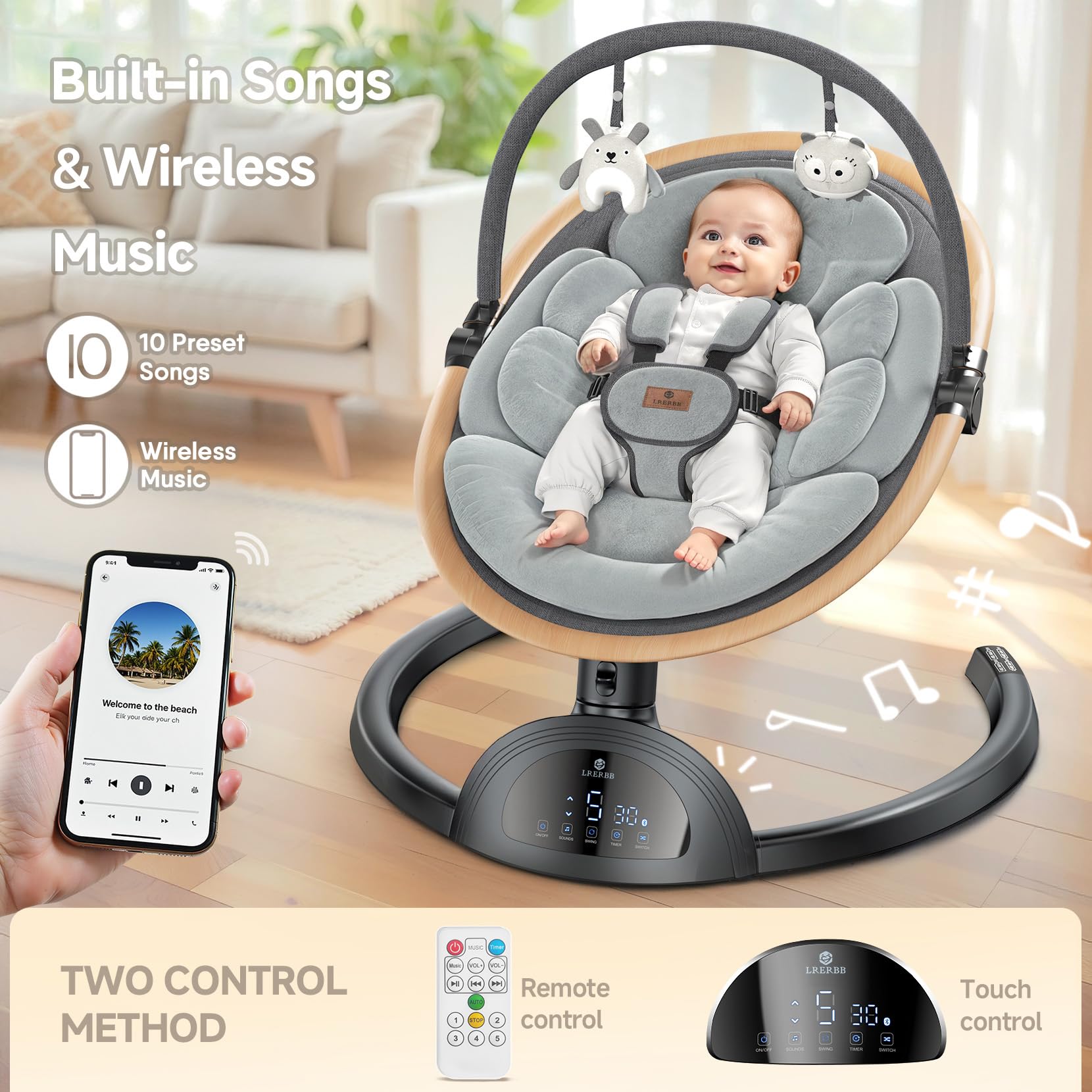 LrerBB newborn swing showing 5-point safety harness feature
