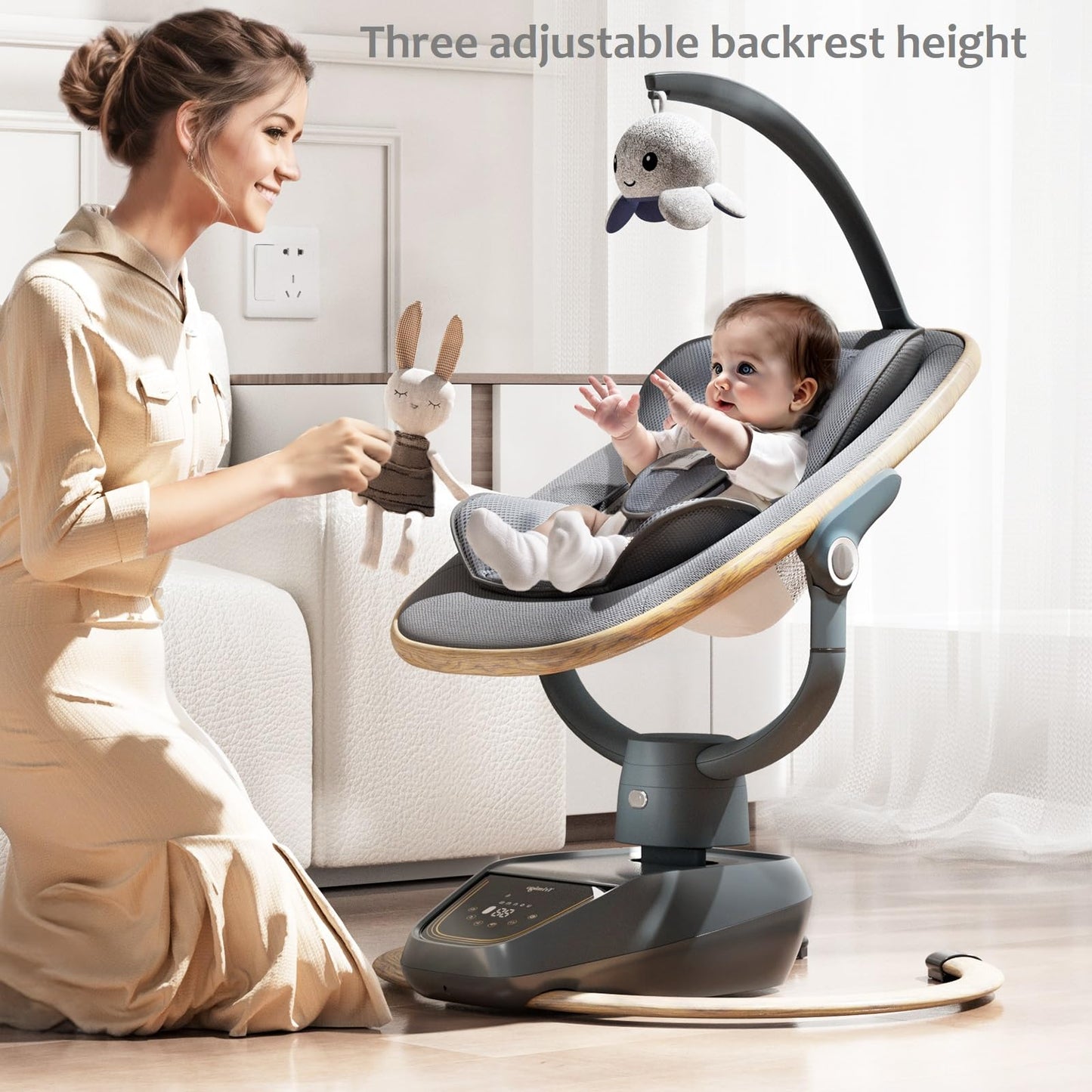 Trunellgea automatic infant cradle side view highlighting the 180-degree adjustable 3D motion design