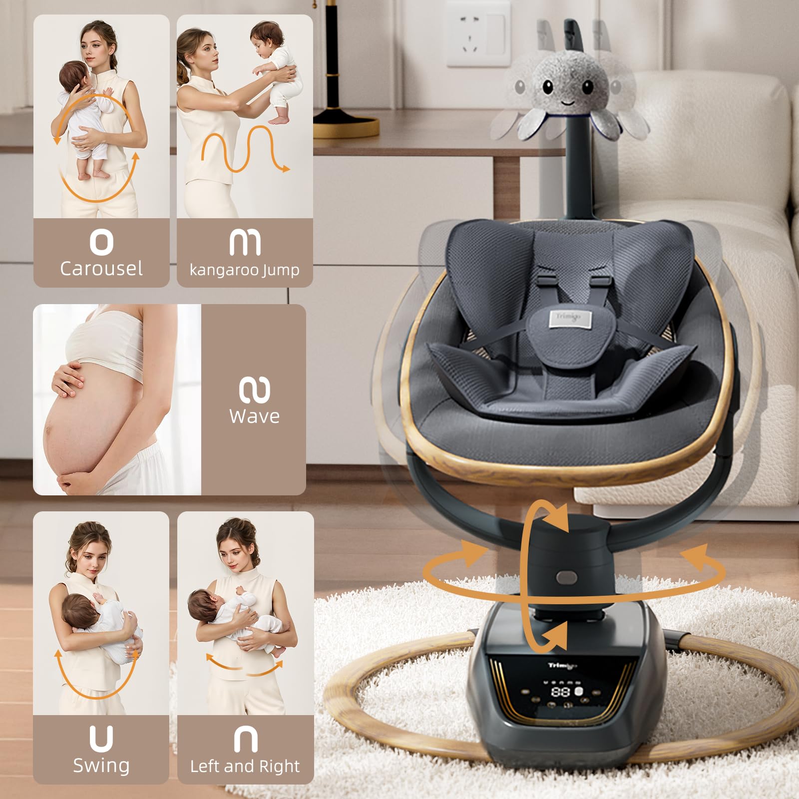 Trimigo newborn swing close up view of the 5-point safety harness and breathable mesh fabric