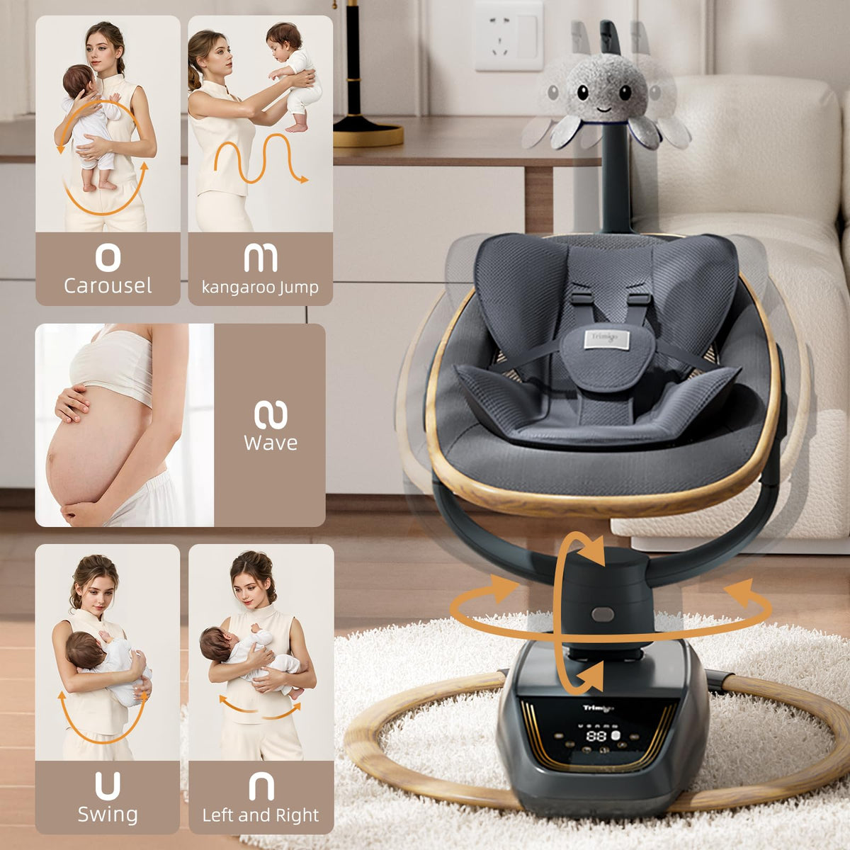 Trunellgea Trimigo infant swing showing one hundred eighty degree rotation feature