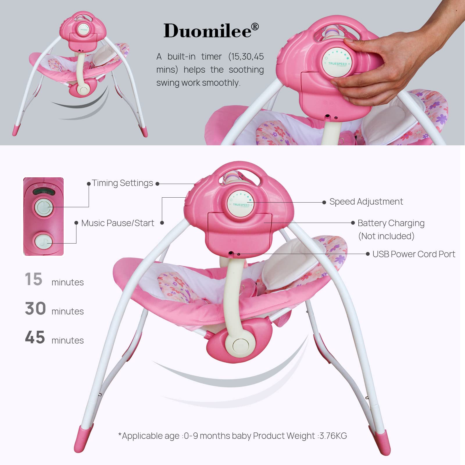 Duomilee baby swing seat with U-shaped head pillow and safety harness