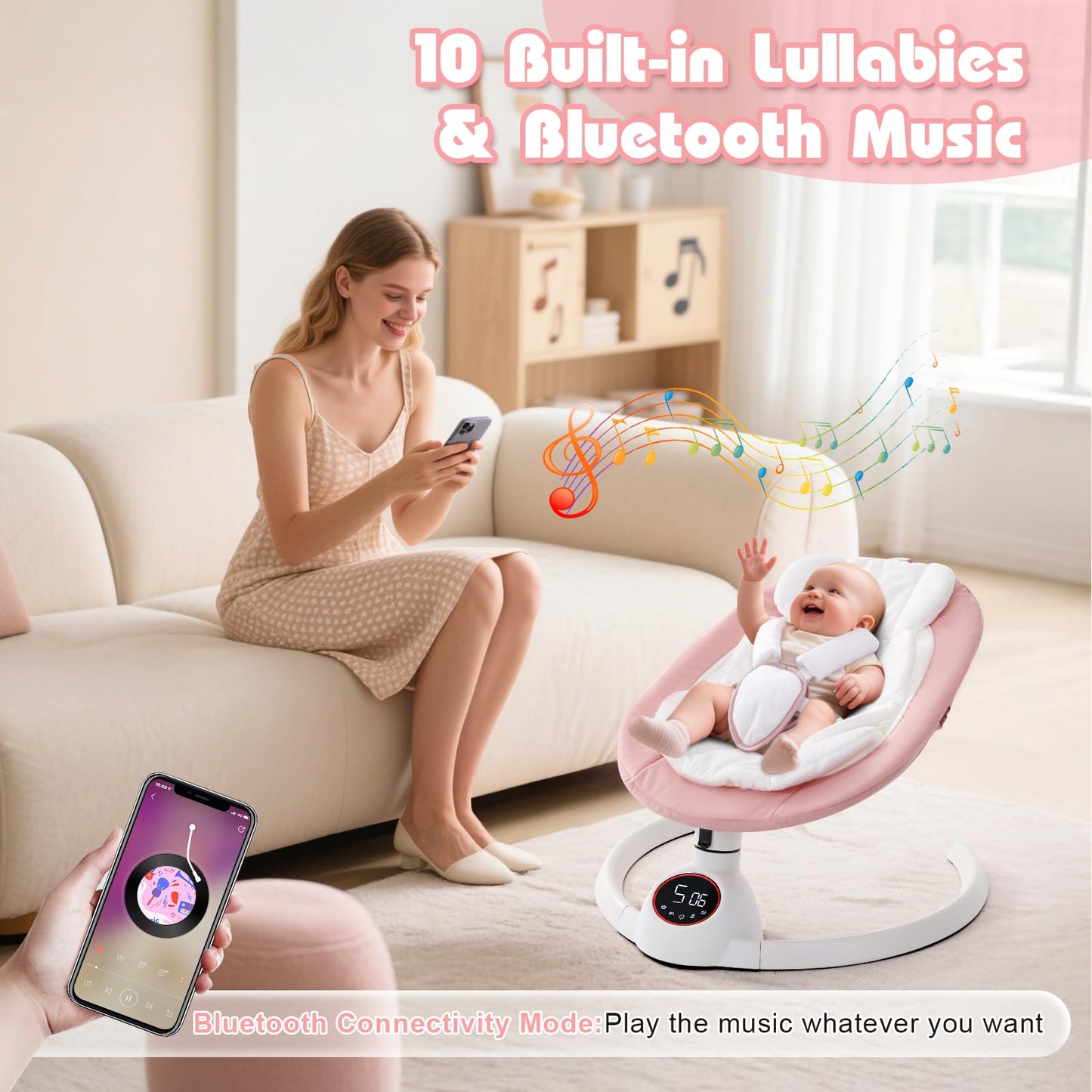 Soobaby electric swing displaying adjustable three seat reclining positions side view