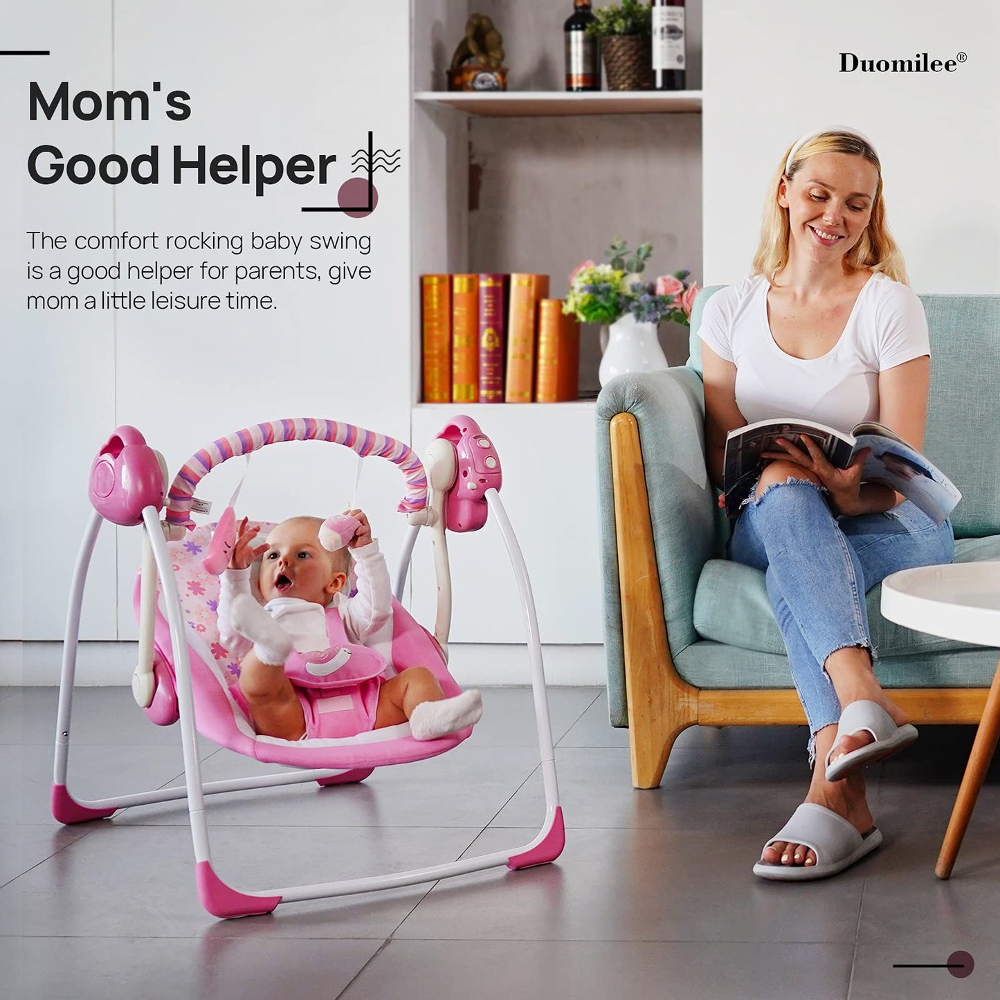 Infant sitting comfortably in pink floral Duomilee electric swing