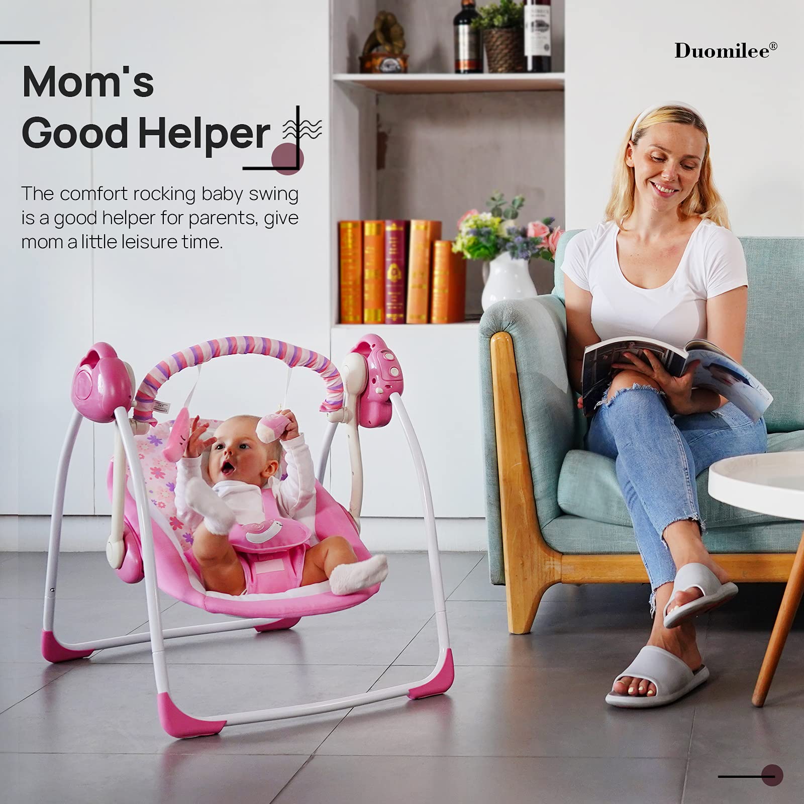 Infant sitting comfortably in pink floral Duomilee electric swing
