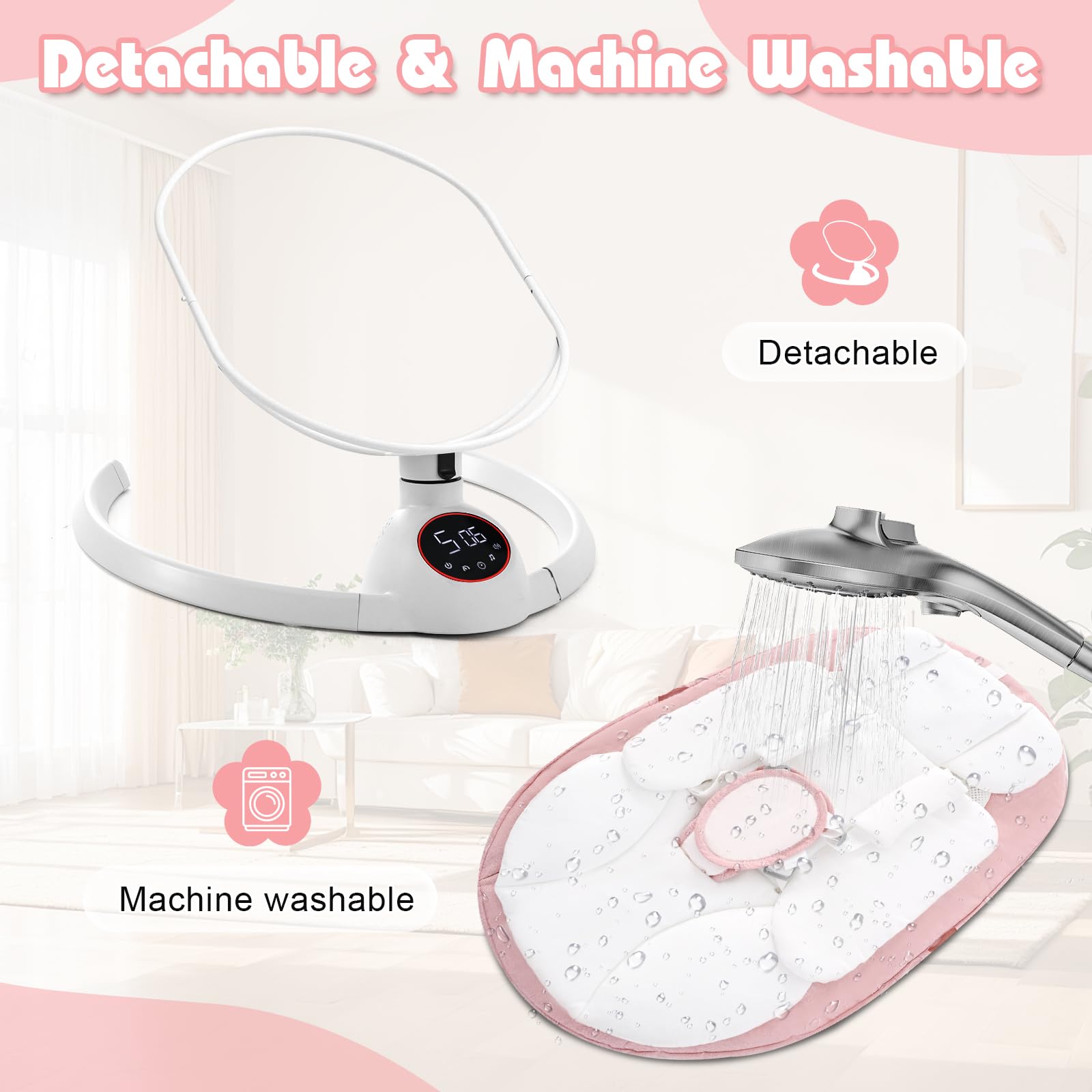 Soobaby pink baby rocker frame disassembled showing portable storage capability