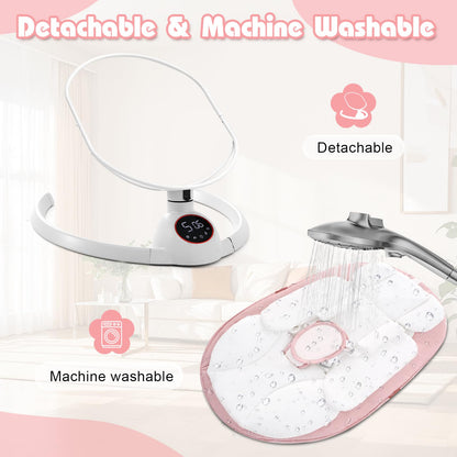 Soobaby pink baby rocker frame disassembled showing portable storage capability