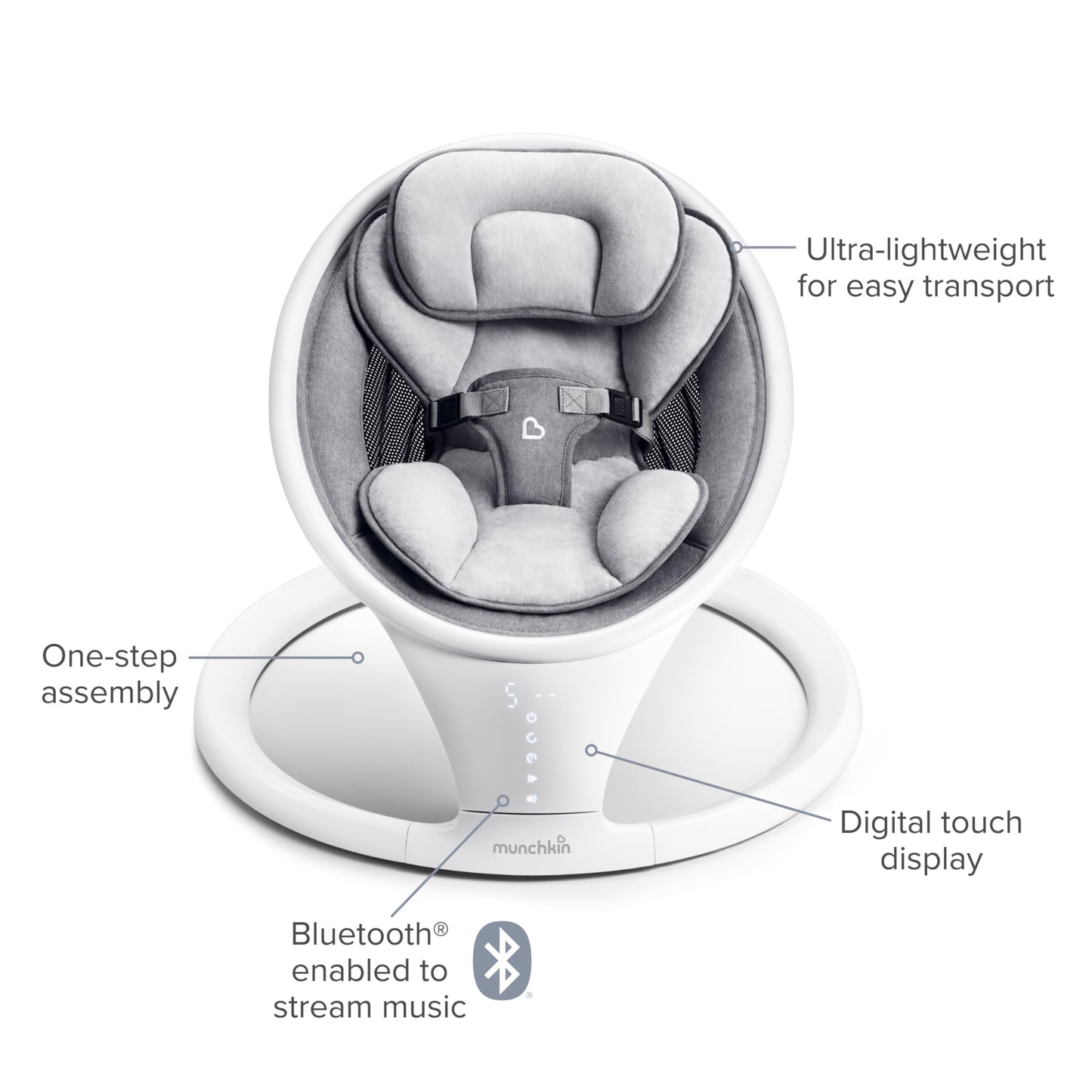 Side view of Munchkin bluetooth baby swing motion range