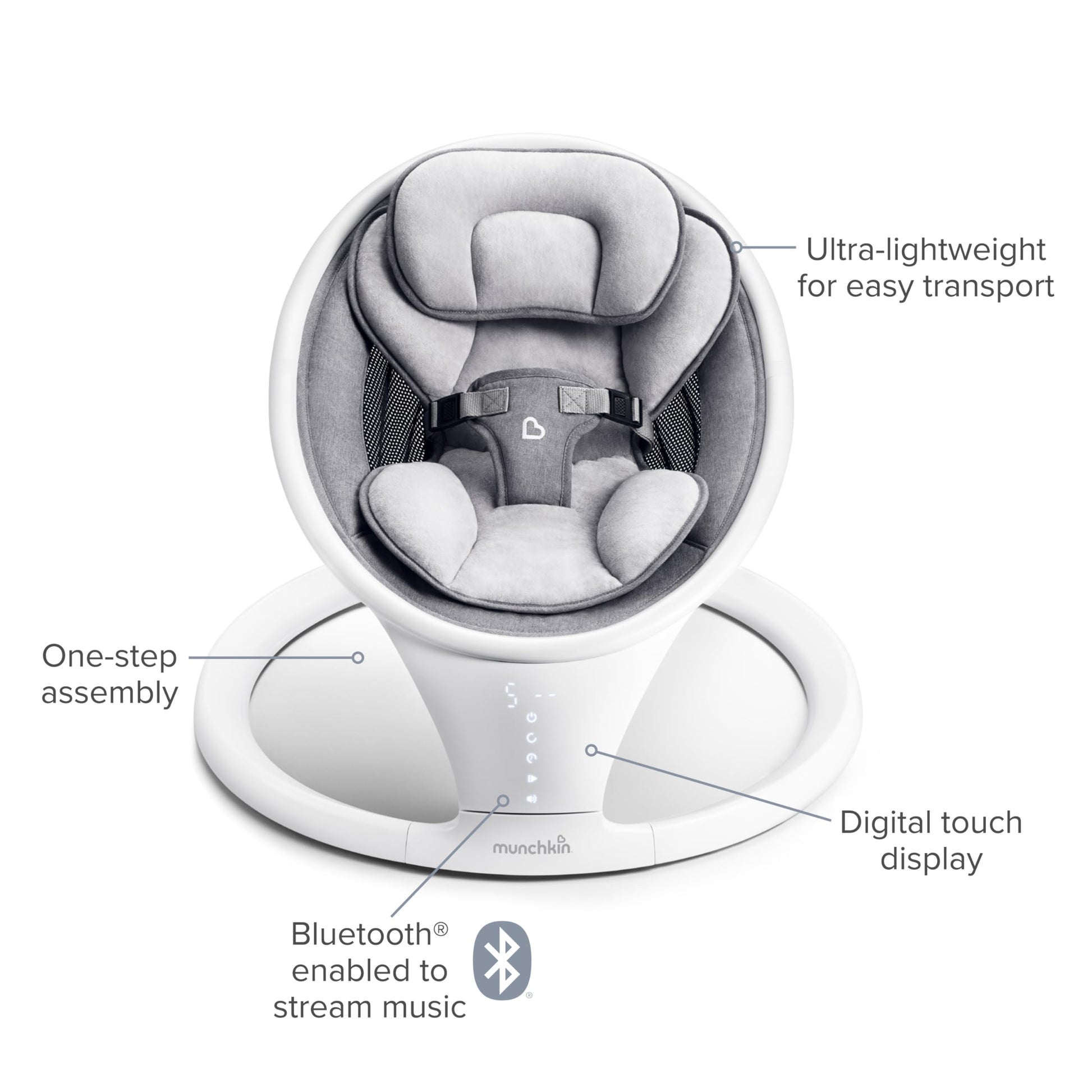 Side view of Munchkin bluetooth baby swing motion range
