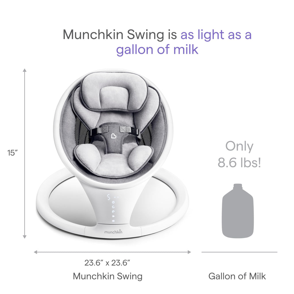 Infant comfortably resting in the Munchkin Bluetooth enabled swing