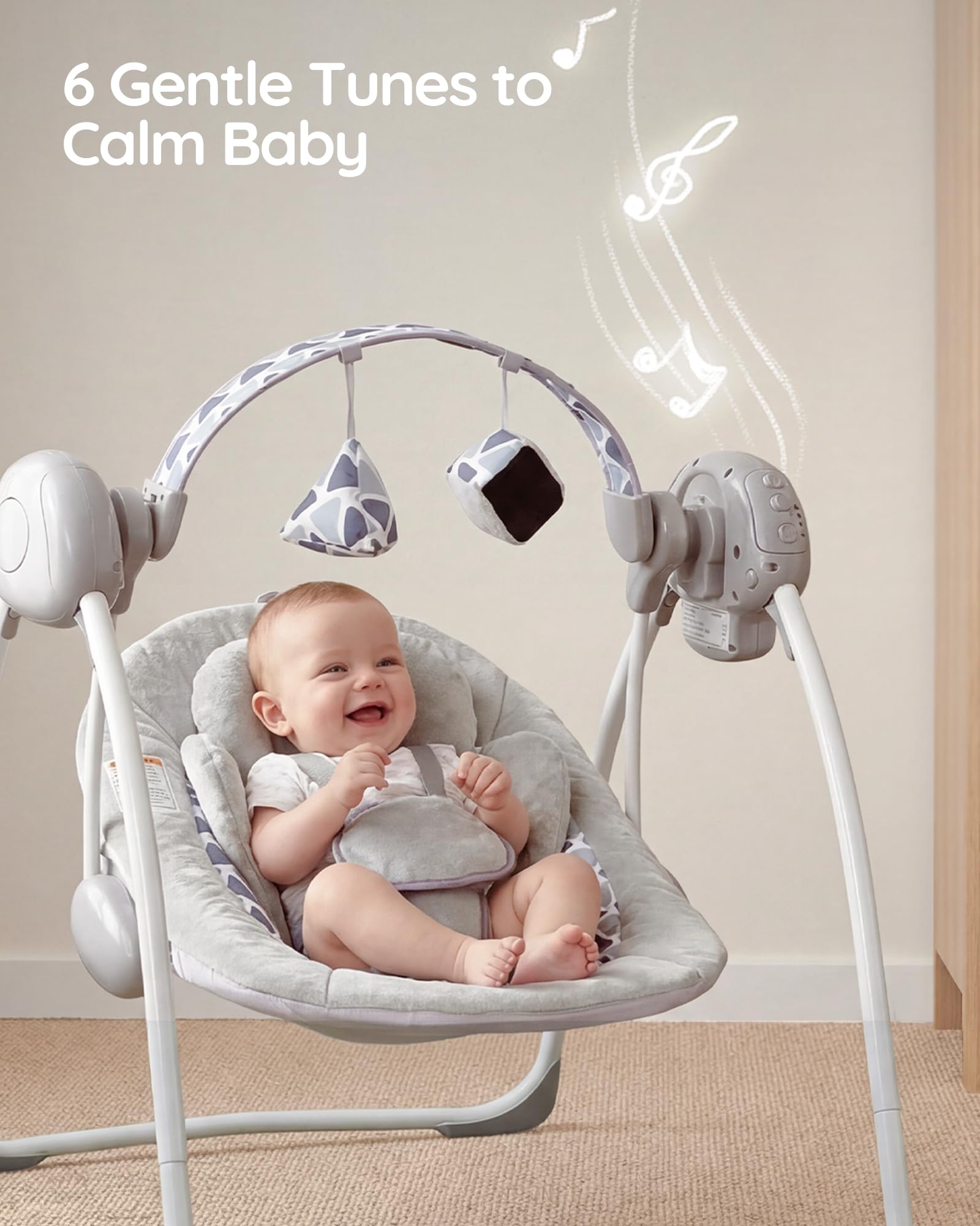 Side profile of AskCat infant swing with toys