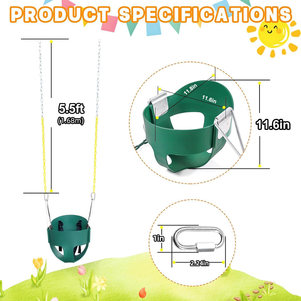 Green toddler bucket swing seat showing 3 point adjustable safety harness detail.