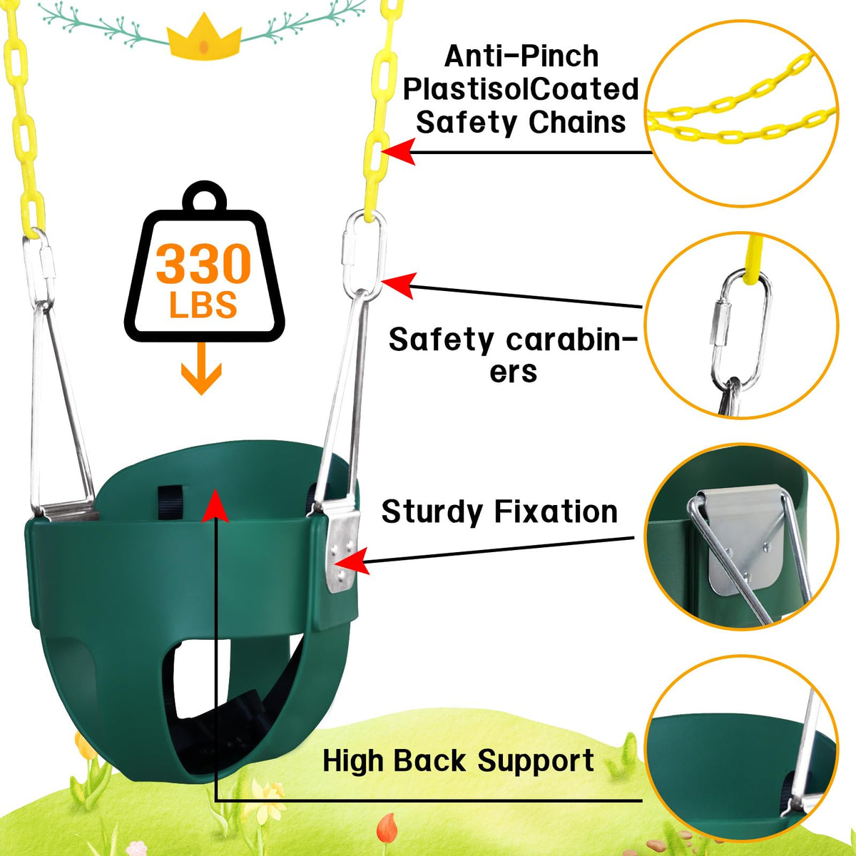 High back baby swing seat with 66 inch detachable chains and yellow protective coating.