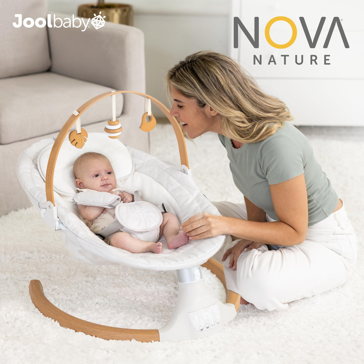 Jool Baby Nova Nature Baby Swing side profile showing wooden frame