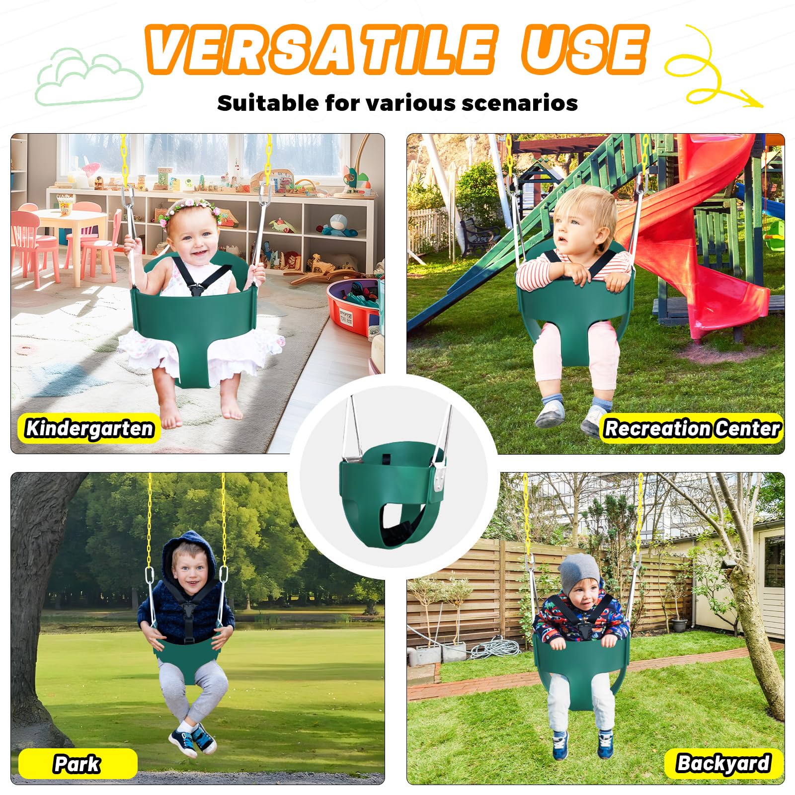 Aobote baby swing seat installed on an outdoor garden swing set