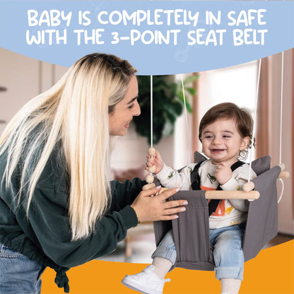 Side angle of wooden baby swing with safety harness