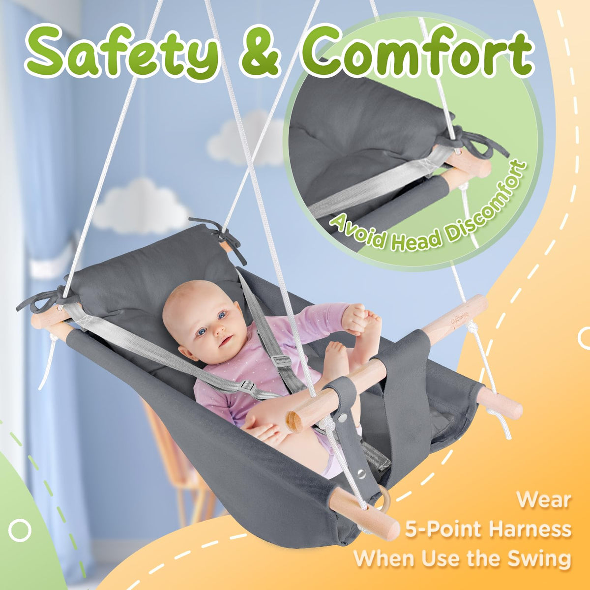 Close-up view of the adjustable safety harness and wooden accents