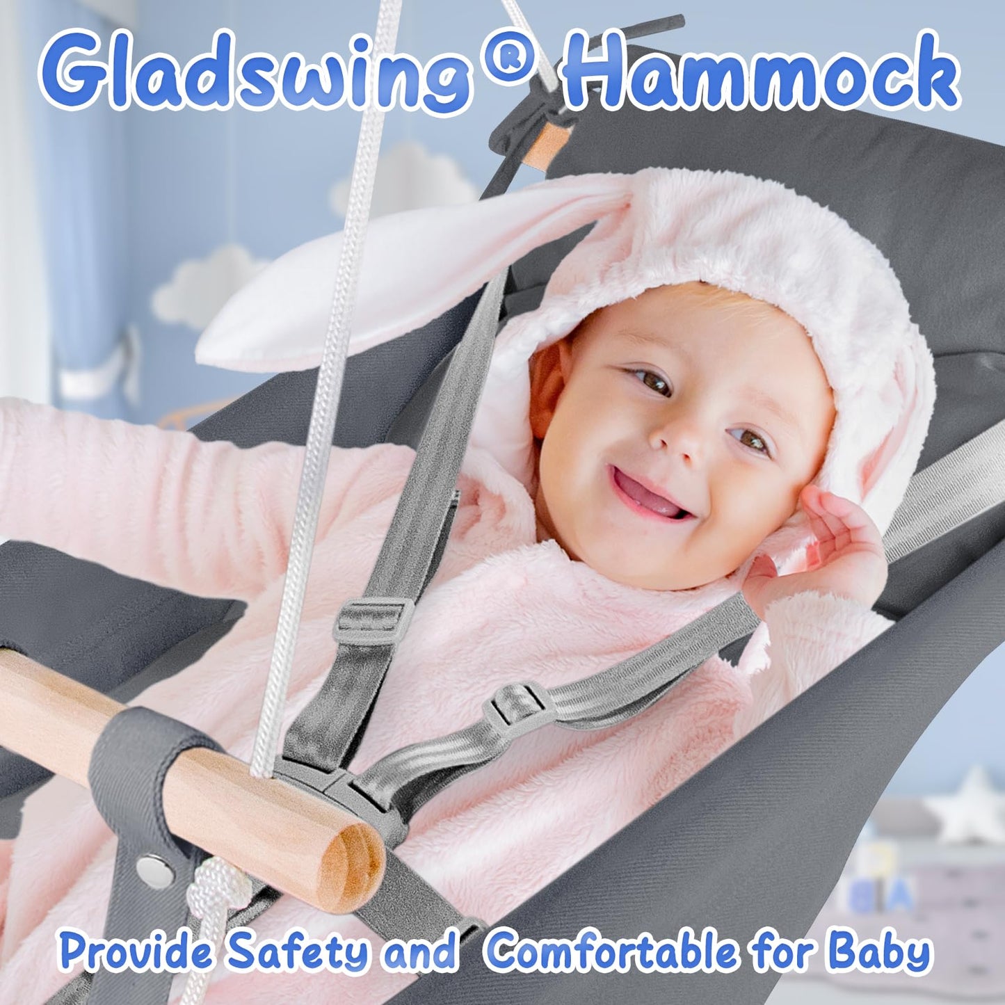 Gladswing baby swing being used in outdoor garden setting