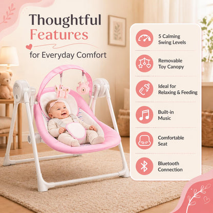 Riviplou baby swing showing the six-speed control panel and music buttons