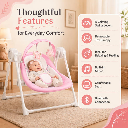 Riviplou baby swing showing the six-speed control panel and music buttons
