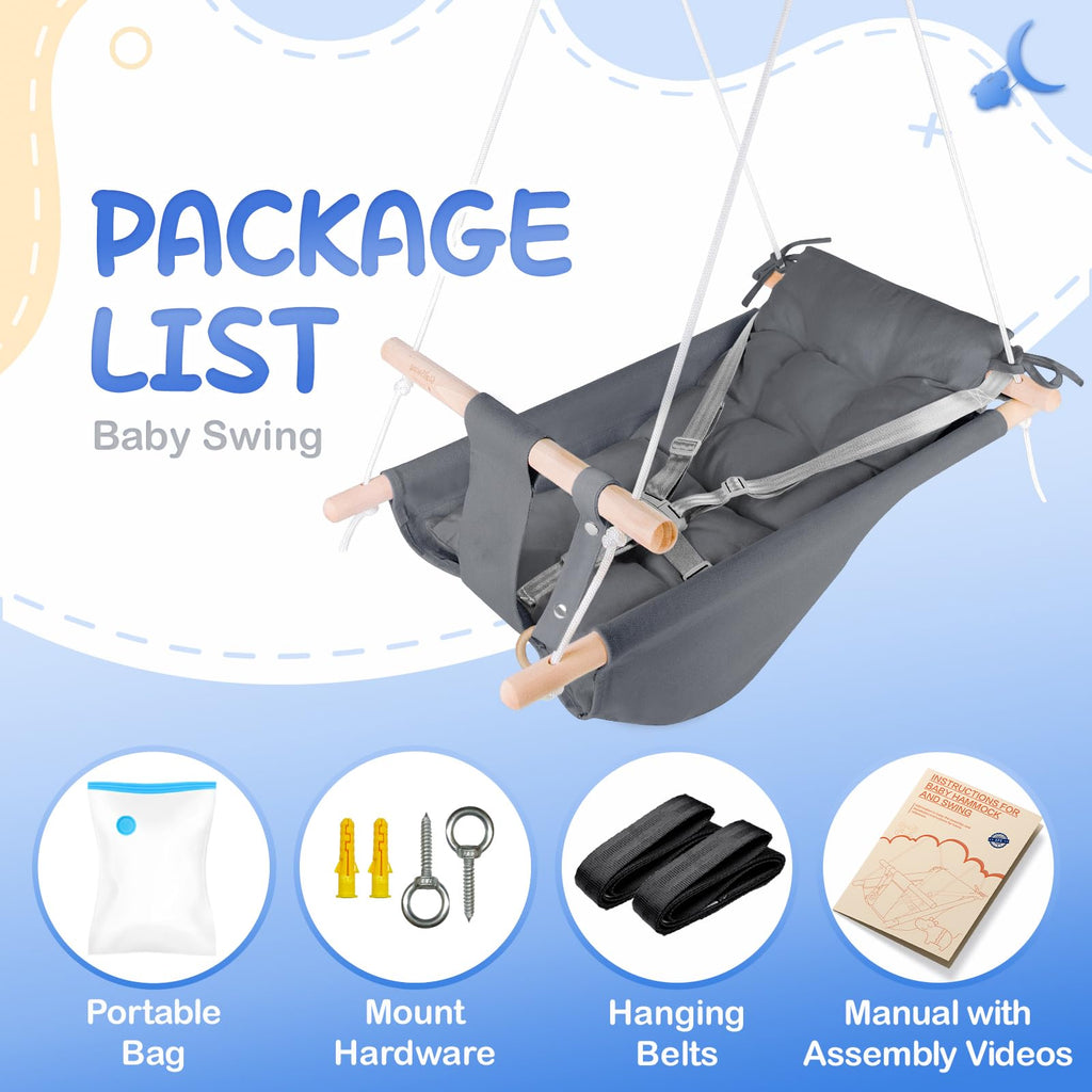 Child sitting comfortably inside the grey canvas baby swing seat