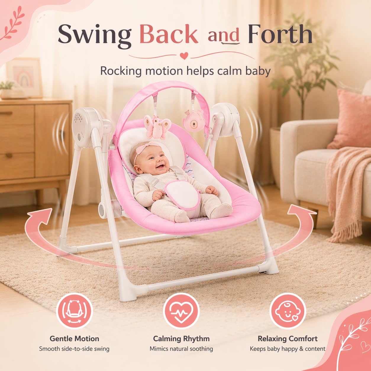 Side profile of Riviplou foldable infant swing showing two recline positions