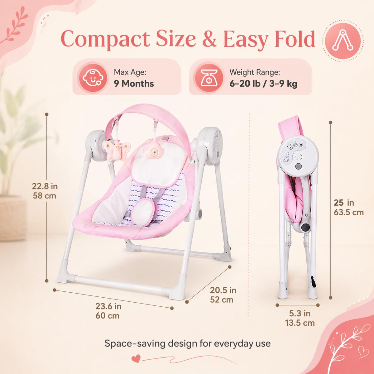 Riviplou SpaceSaver Ultra Compact Foldable Infant Swing overhead view featuring removable toy bar