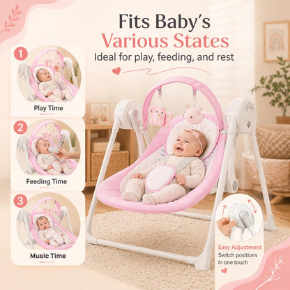 Close up of five-point harness and soft head support on Riviplou baby swing