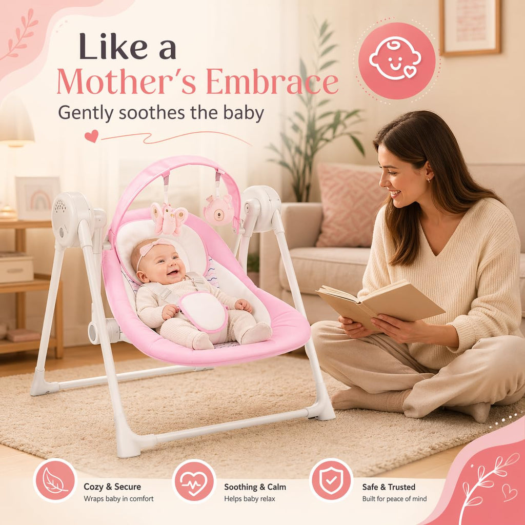 Riviplou SpaceSaver Ultra Compact Foldable Infant Swing shown folded compactly for travel