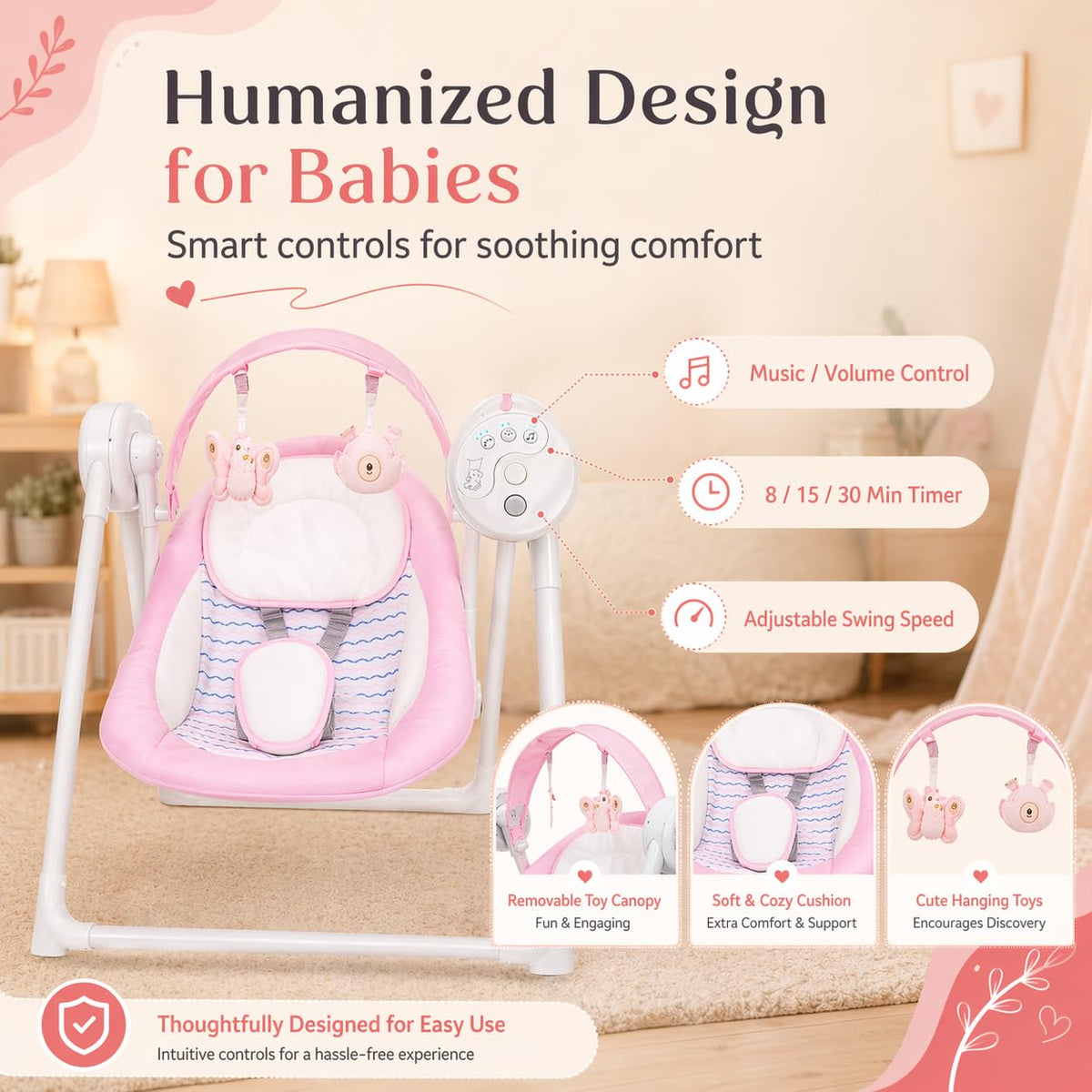 Riviplou SpaceSaver Ultra Compact Foldable Infant Swing lifestyle view in a modern nursery setting