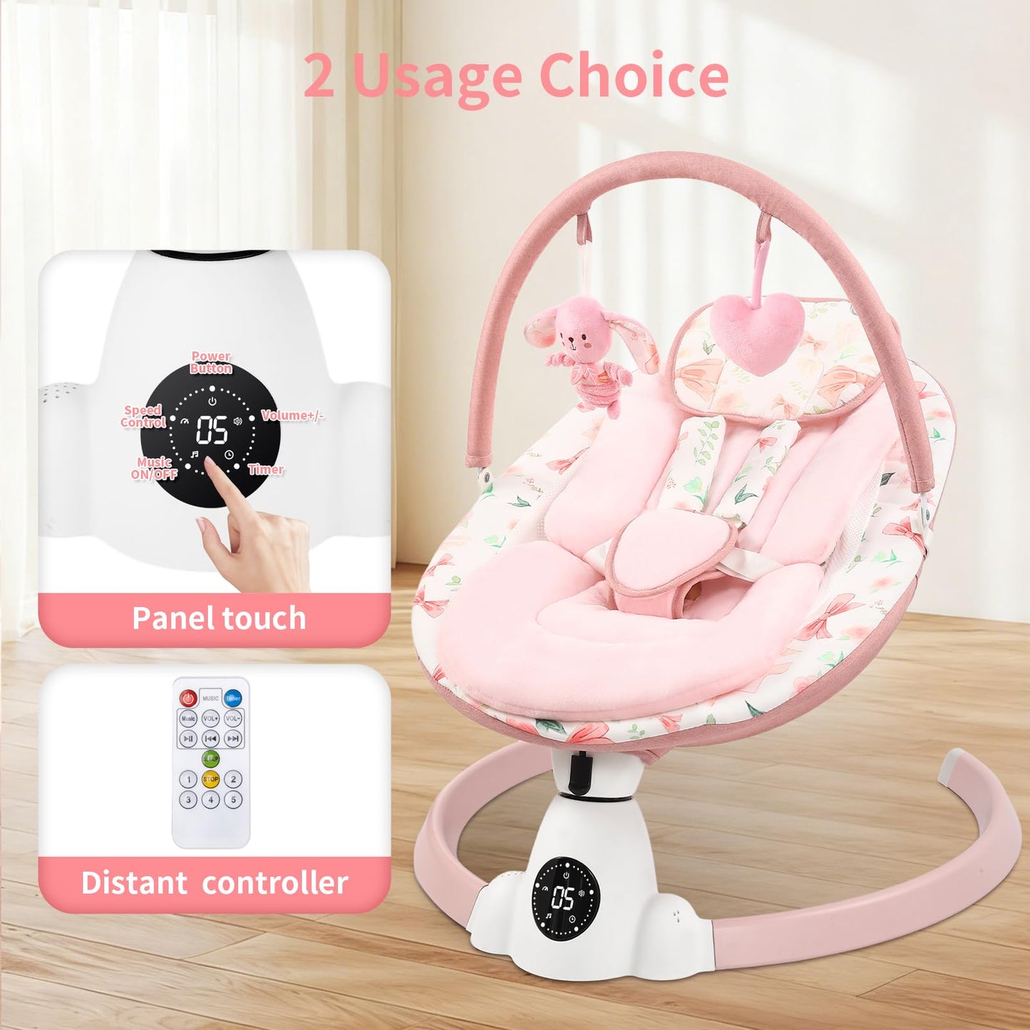 Side view of Suihuooo electric infant swing with 5-point harness