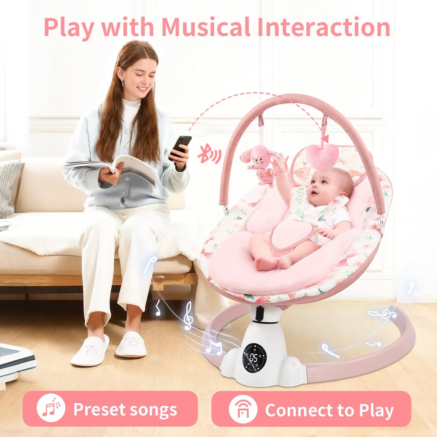 Close up of plush fabric and safety features on Suihuooo swing