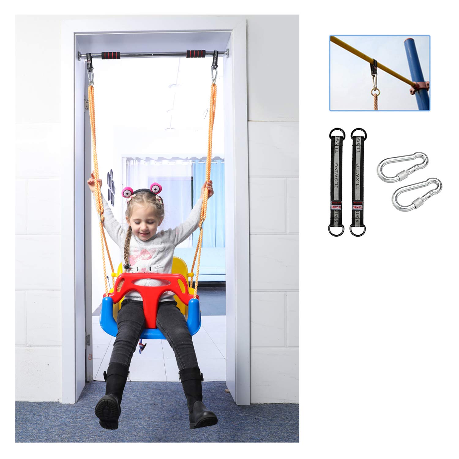Anti-flip secure baby swing seat installed on an outdoor frame