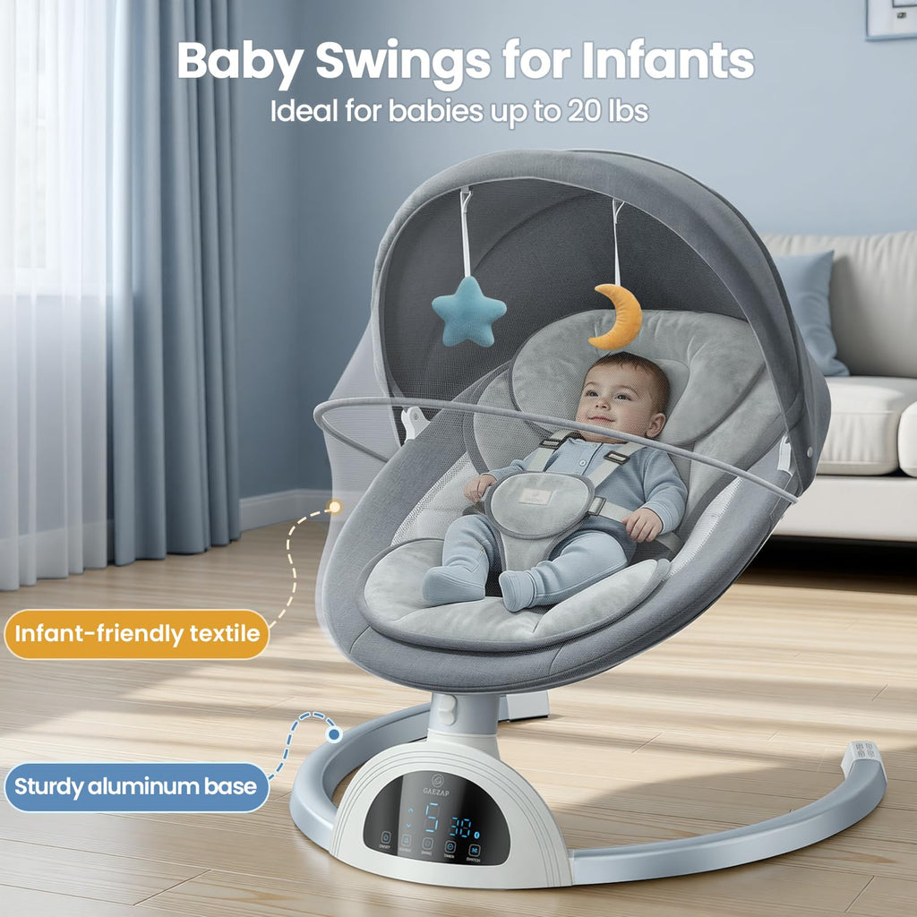 Gaezap portable infant swing showing control panel and aluminum base