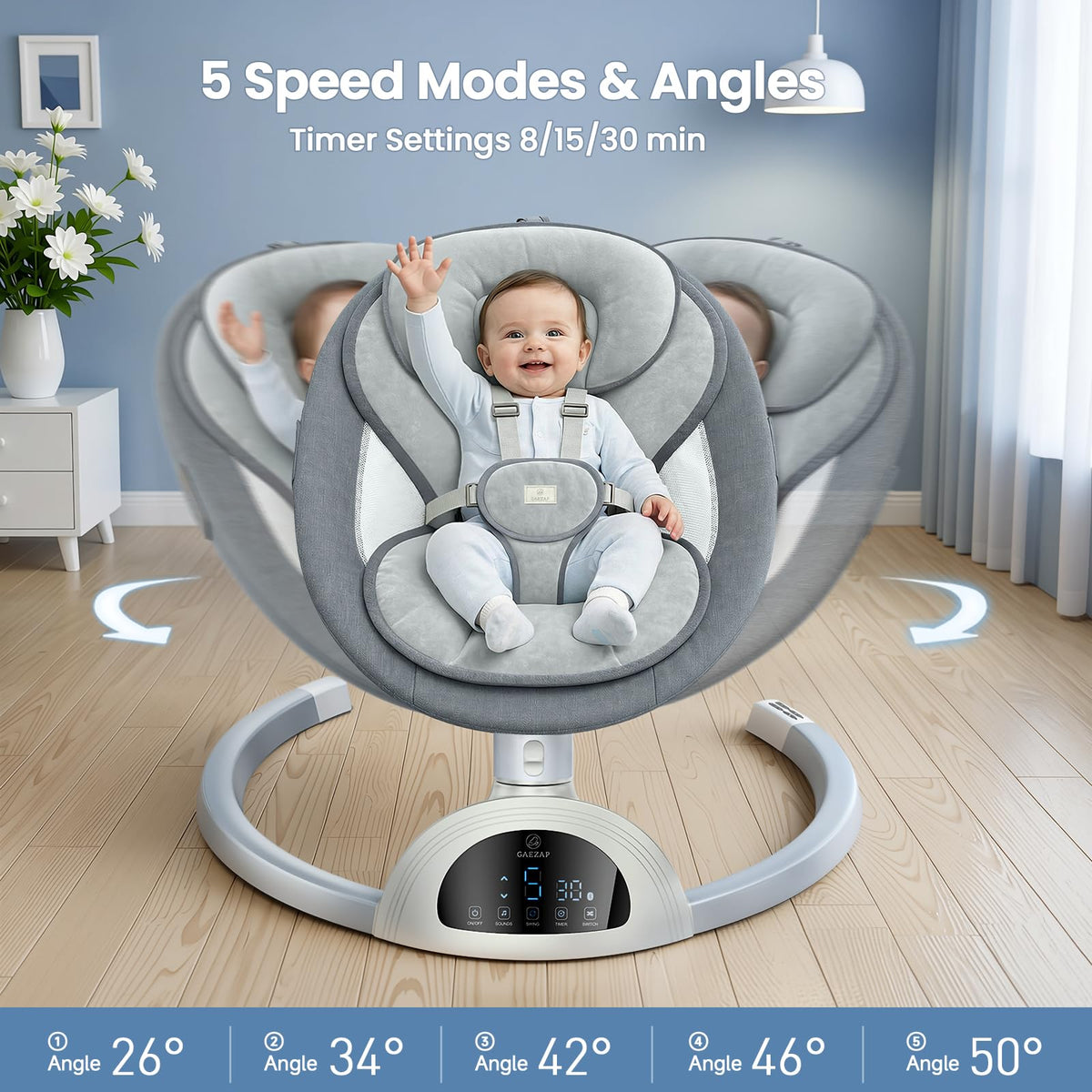 Gaezap newborn swing angled view displaying safety harness and plush seat