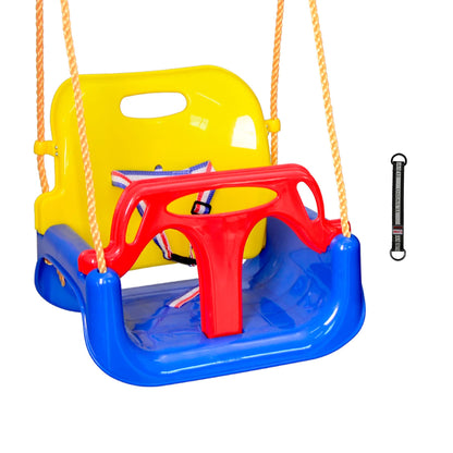 Close up of RedSwing baby swing seat harness and blue plastic texture