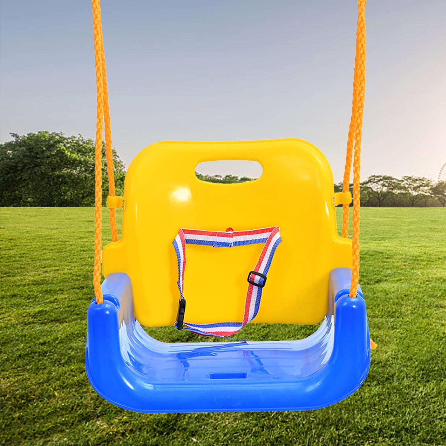 Children playing on the RedSwing 3-in-1 blue swing set outdoors