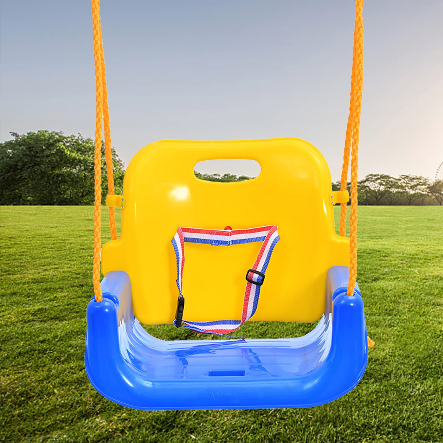 Children playing on the RedSwing 3-in-1 blue swing set outdoors