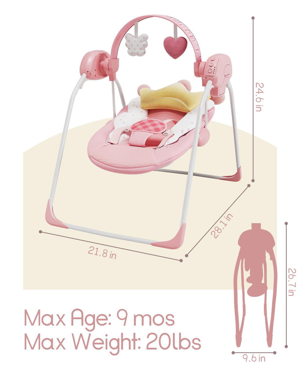 Monniebaby infant swing showing crown headrest and overhead toy bar