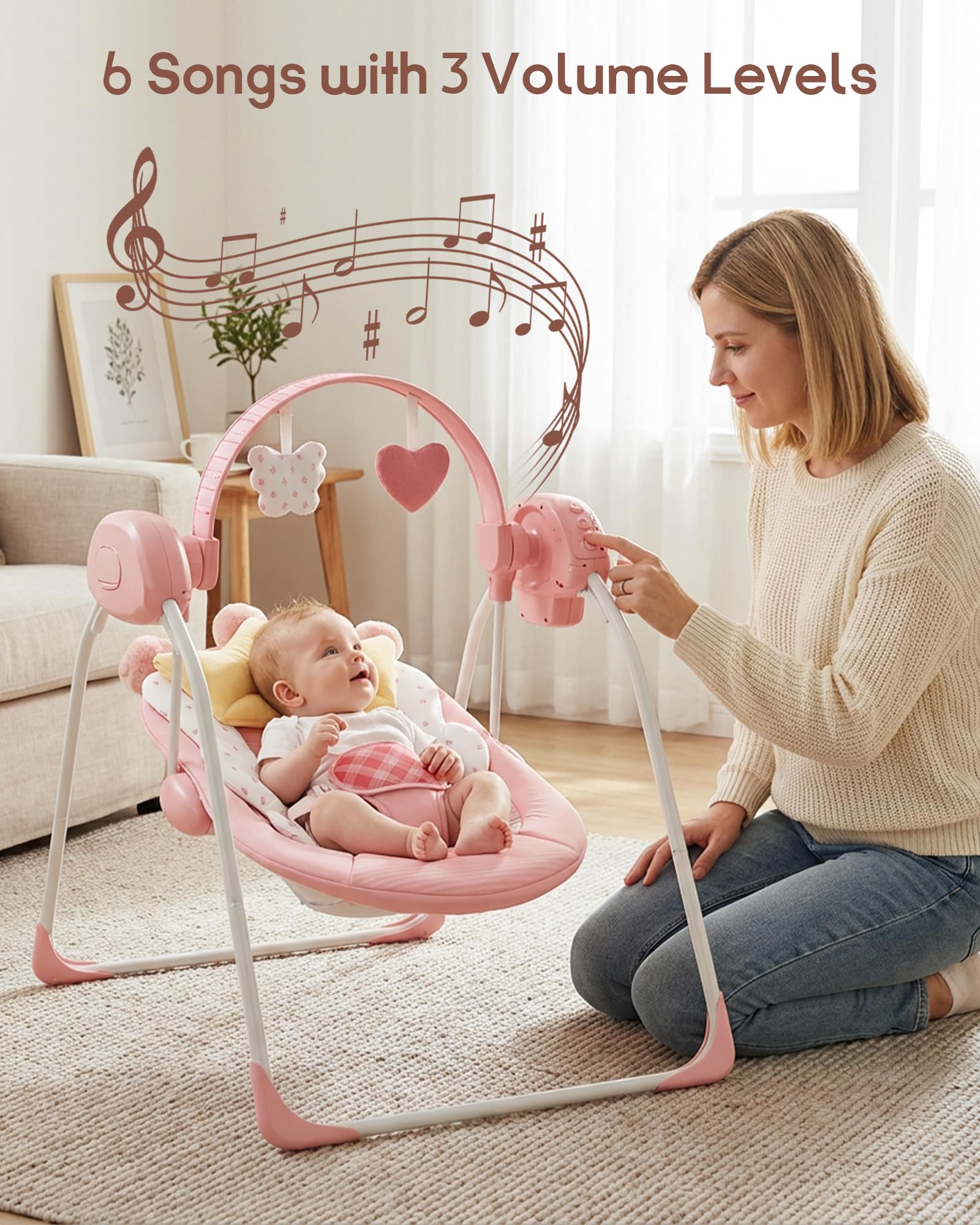 Close up of 5-point safety harness on pink baby swing