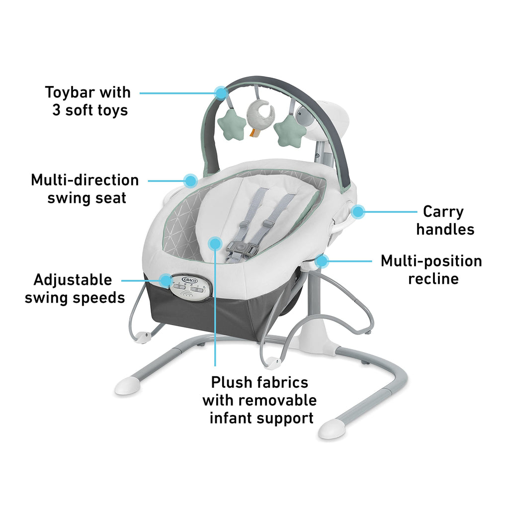 Side profile of the Graco baby swing highlighting the 3-position recline feature.
