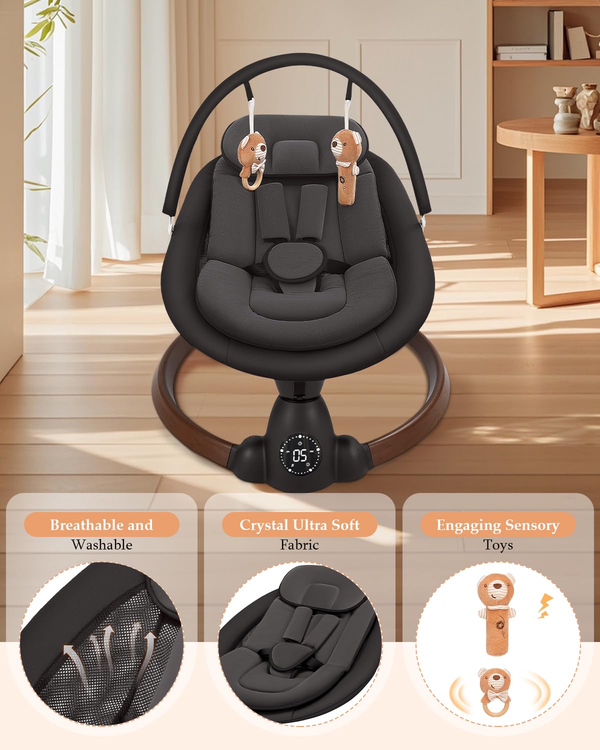 Uuoeebb baby swing side view displaying aluminum alloy frame