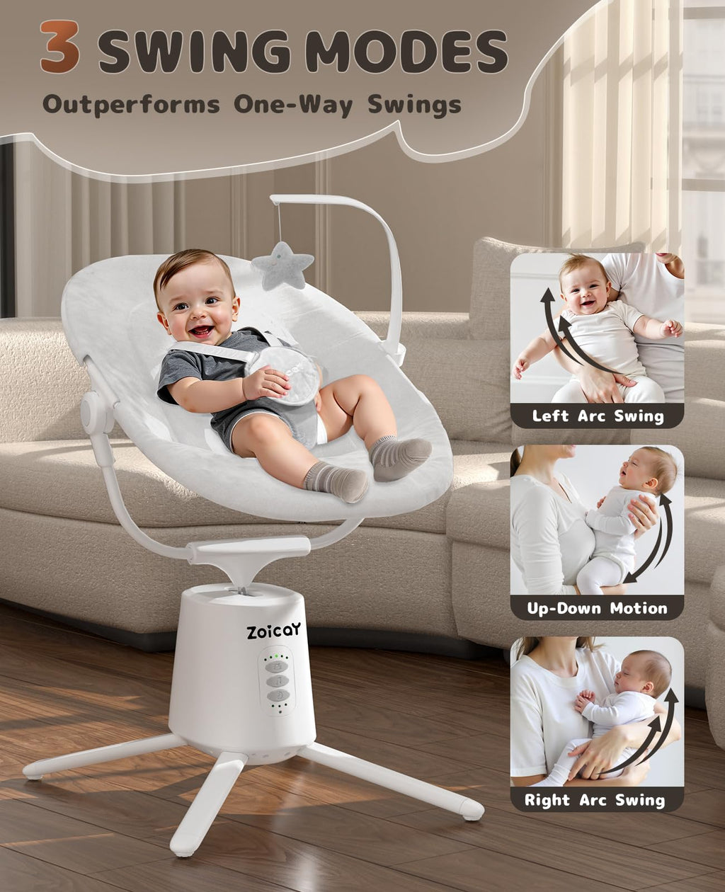 Zoicay electric baby swing side profile displaying recline positions.