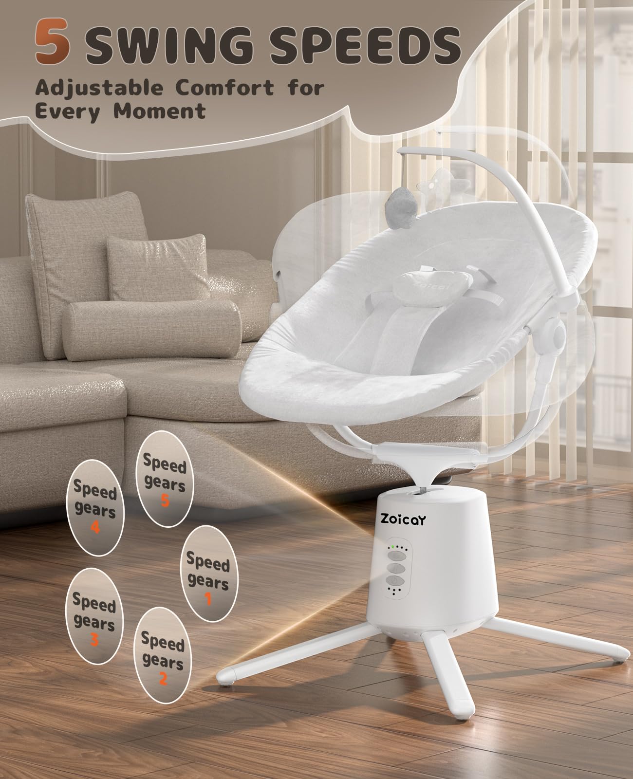 Close up of Zoicay baby swing touch control panel