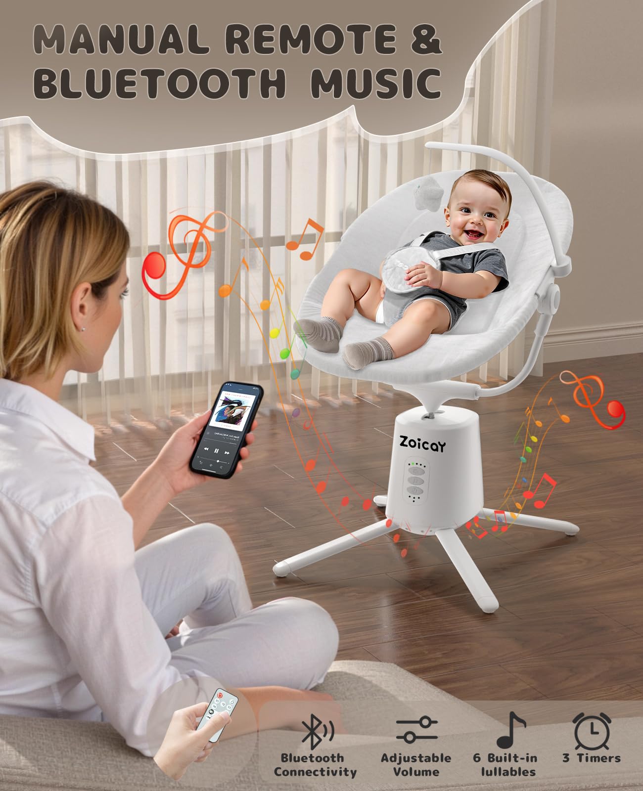 Zoicay baby swing showing 5-point safety harness detail
