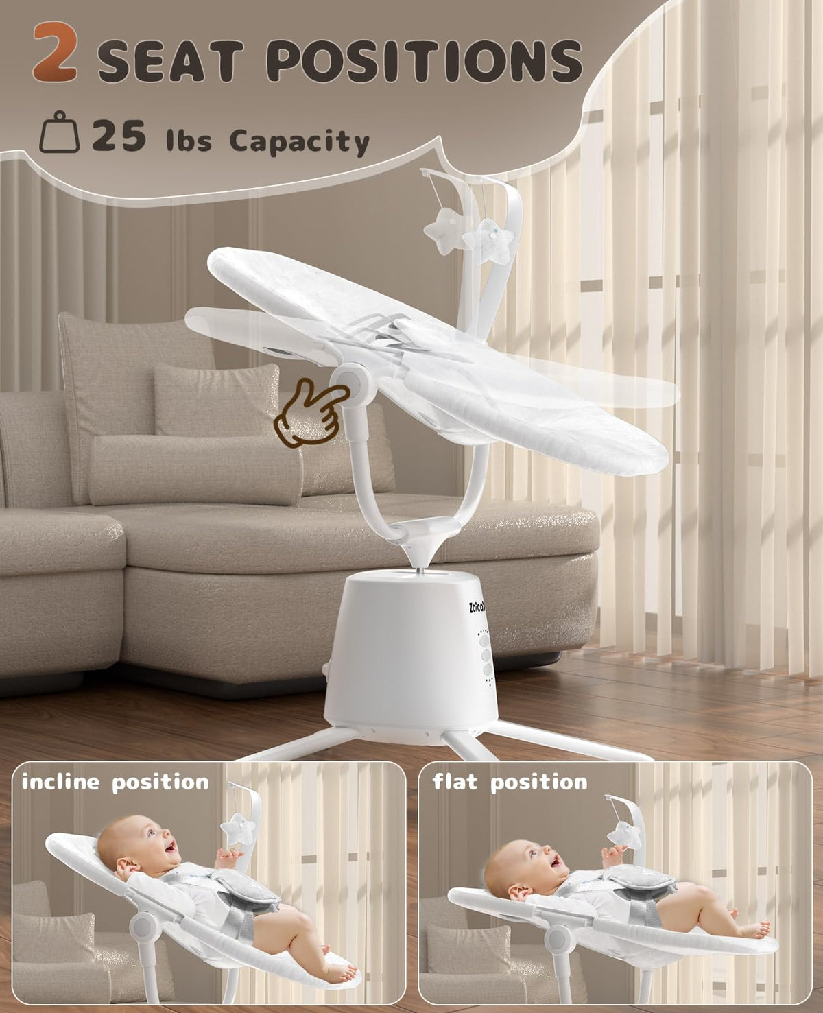 Detailed view of the 5-point safety harness on the Zoicay baby swing.