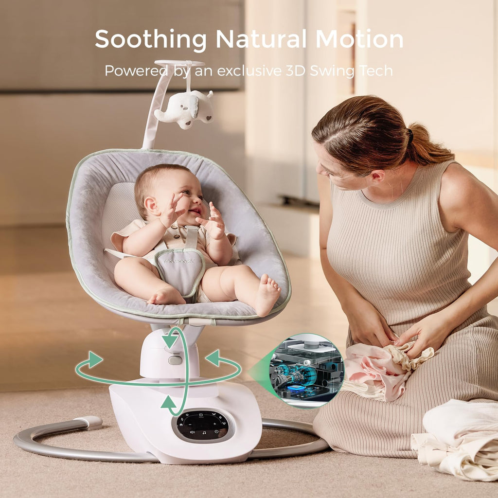 Momcozy CocoSway baby swing angled view showing rotating seat