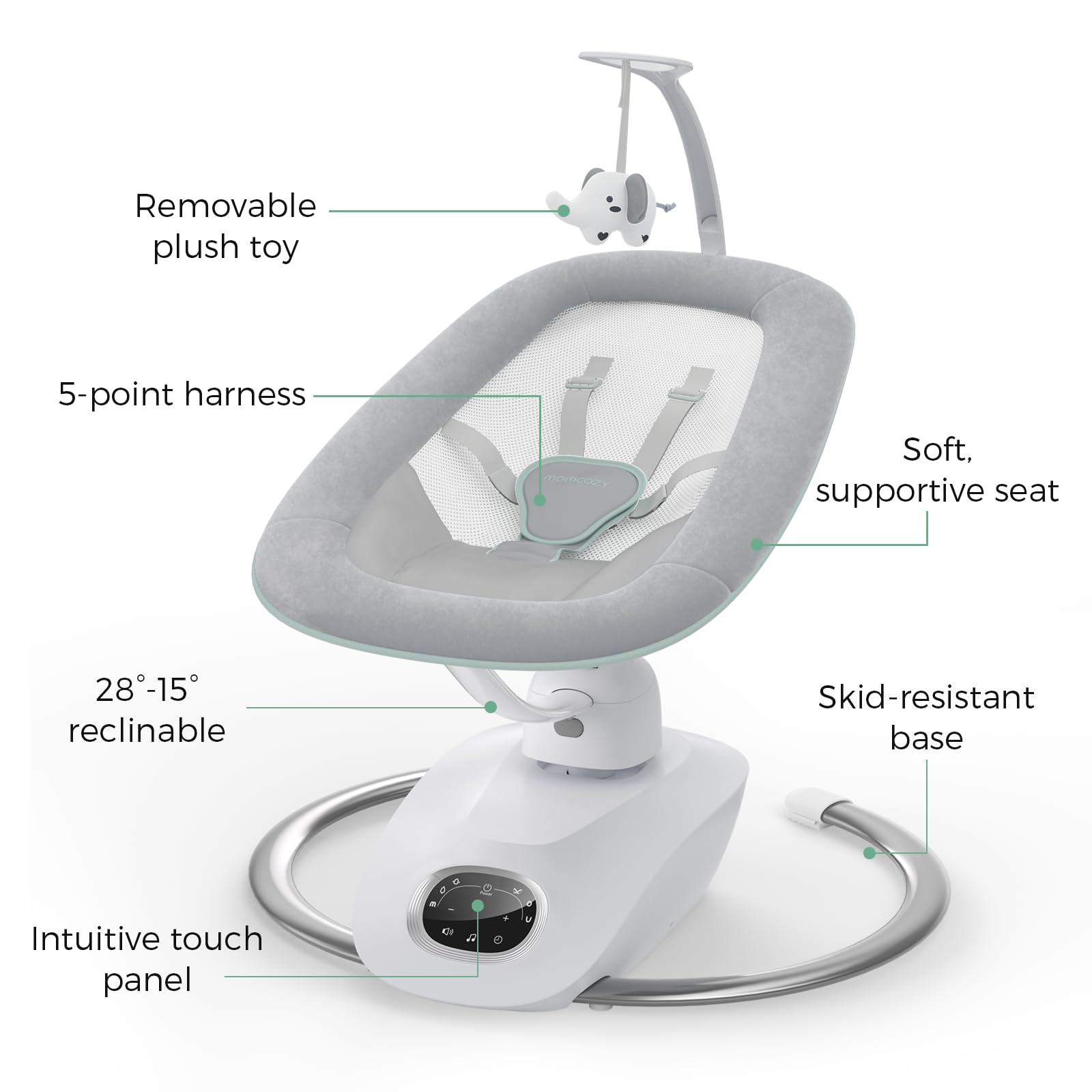 Side profile of Momcozy CocoSway electric infant swing