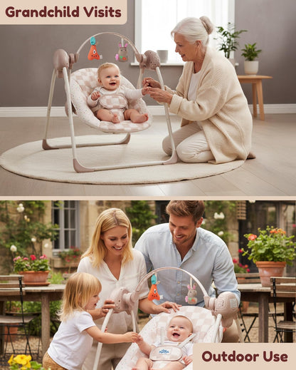 Tiny Marvels baby swing showing side profile and foldable frame